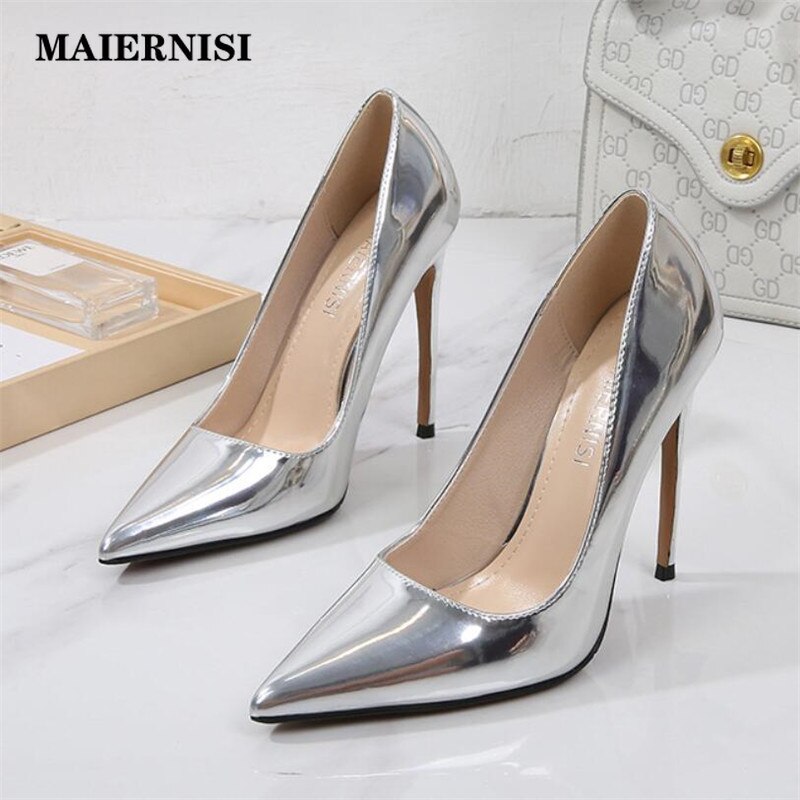 MAIERNISI Hot Selling Women Shoes Pointed Toe Pumps Dress Silver 12CM High Heels Boat Shoes Shadow Wedding Shoes Zapatos Mujer
