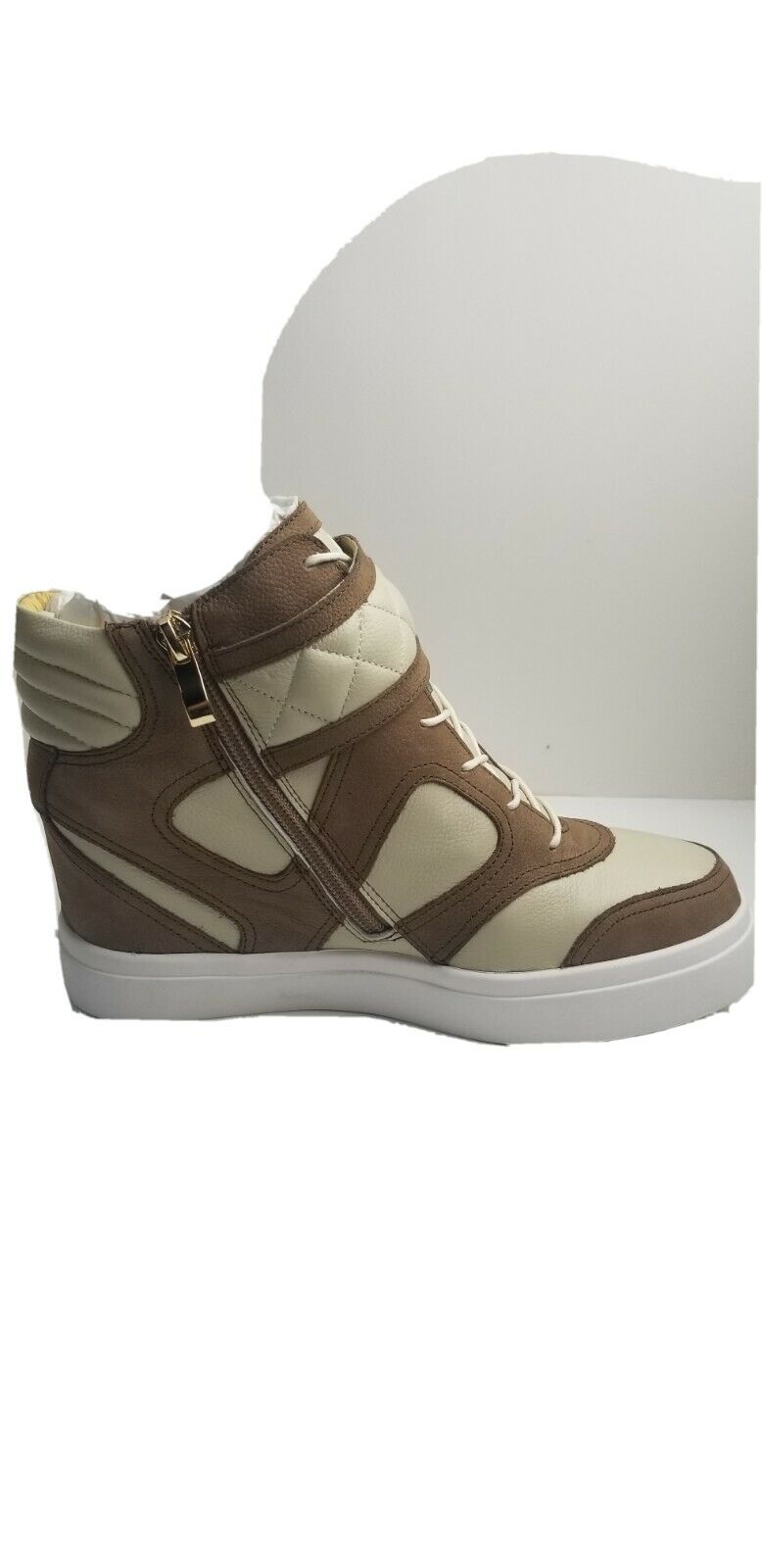 Mario ROSSINI Brown/Beige High Tops with lifts, women's Sz 7, Zipper/Laces. NWB