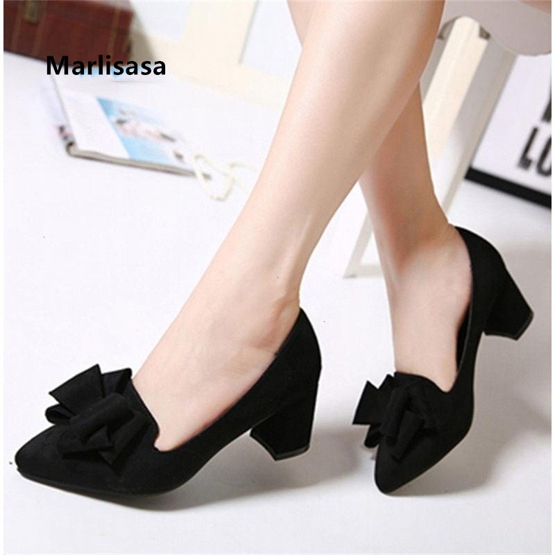 Marlisasa Women Cute Bow Tie High Quality Navy Blue High Heel Shoes Ladies Casual Black High Heels for Office & Party F5750