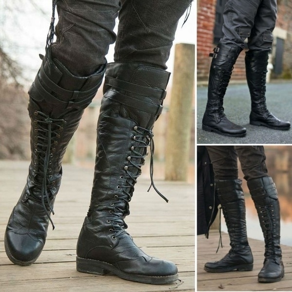 Medieval Boots Retro Men Male Viking Cosplay Pirate Costume High Boots Tall Knee High Lace Up Vintage Viking Shoes Middle Ages