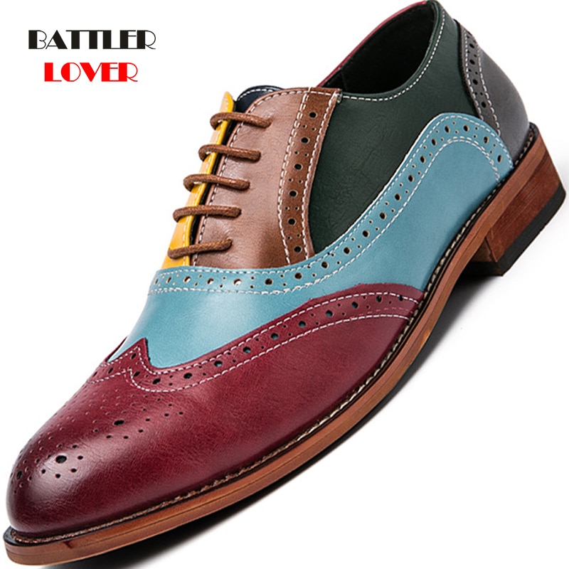 Men Brogue Business Dress Shoe Colorful Lace up Fashion Man Leather Oxfords Bullock Flat Shoes Leisure Wedding Party Footwear