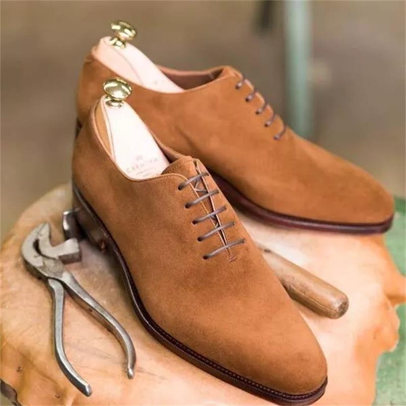 Men Fashion Trend Business Casual Party Dress Shoes Handmade Tan Suede Classic One-piece Lace-up Low-heel Oxford Shoes 7KG518