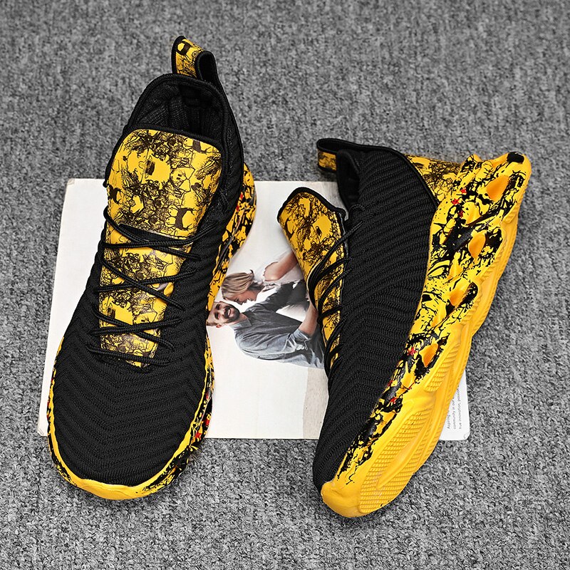 Men Graffiti Sports Casual Shoes Lace-Up Big Size Yellow Men's Sneakers Mid-top Light Breathable Running Shoes 2021 New Arrival