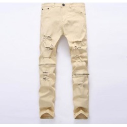 Men Ripped Skinny Distressed Destroyed Straight Fit Zipper Jeans With Holes