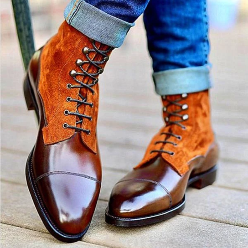 Men Shoes Fashion High-end Handmade Brown PU Stitching Orange Suede High-top Lace-up Comfortable All-match Dress Boots HL660
