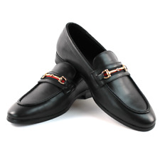 Men's Black Leather Slip On Gold Buckle Dress Shoes Loafers Formal By AZARMAN