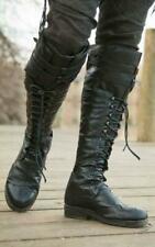 Mens Fashion PU Leather Boots Solid Color Strap Lace Up Knee High Riding Shoes