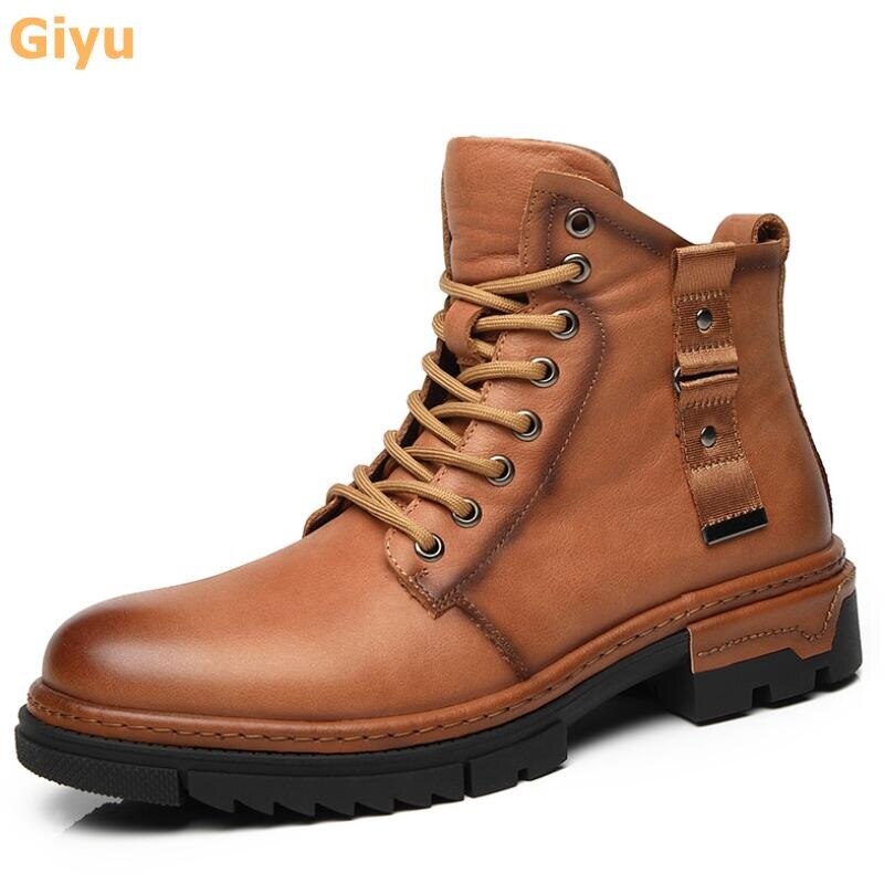 Men's High Tube Genuine Leather Boots Fashion Martin Boots 2021 Autumn Tooling Boots Lace-up Non-Slip Outdoor Hiking Shoes