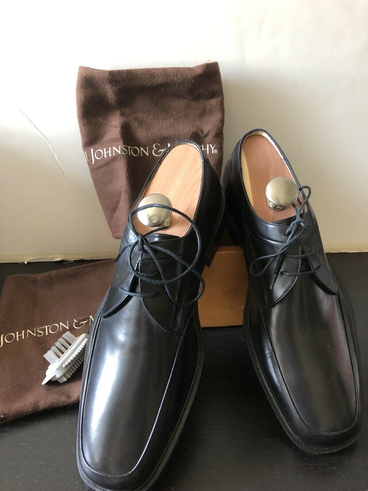 Mens Johnston & Murphy Black Leather Shoes Sz 9 W + Accessories NEW Vintage