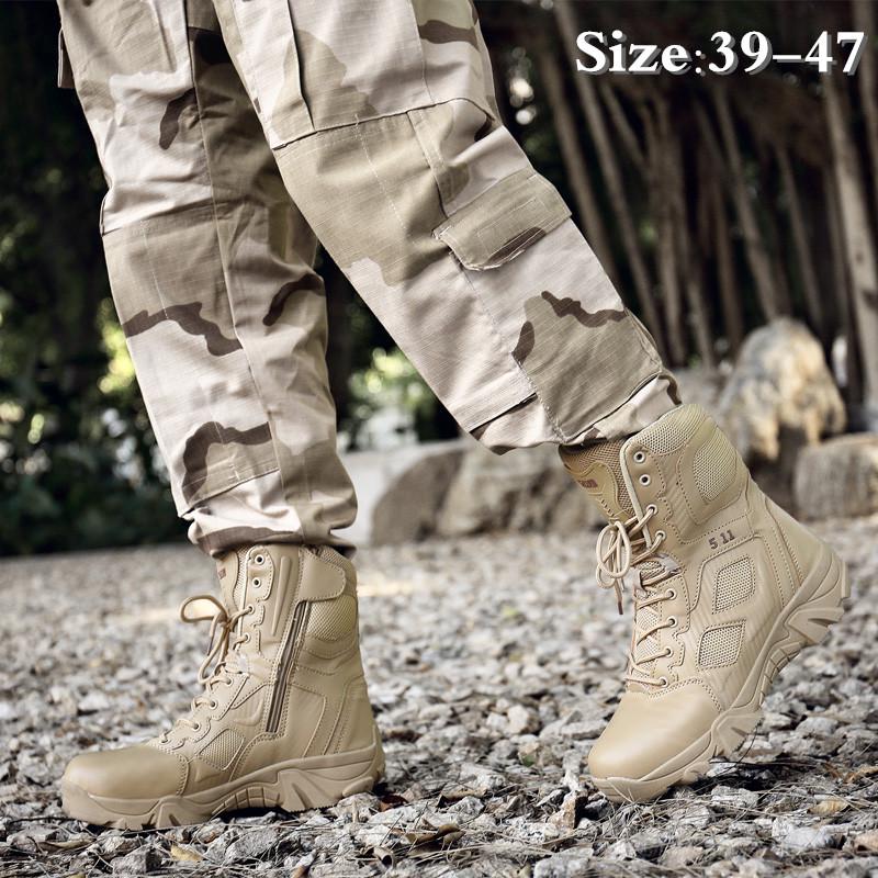 Men's Tactical Boots Male Leather Hiking Shoes Lace Up Hight Top Breathable Military Trainers Zip Safty
