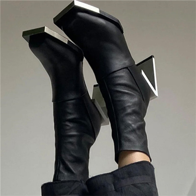 Metal Strange 8CM High Heel Women Ankle Boots Genuine Leather Square Toe Botas Mujer Ladies Slim Fit Sock Boot Dress Shoes Woman