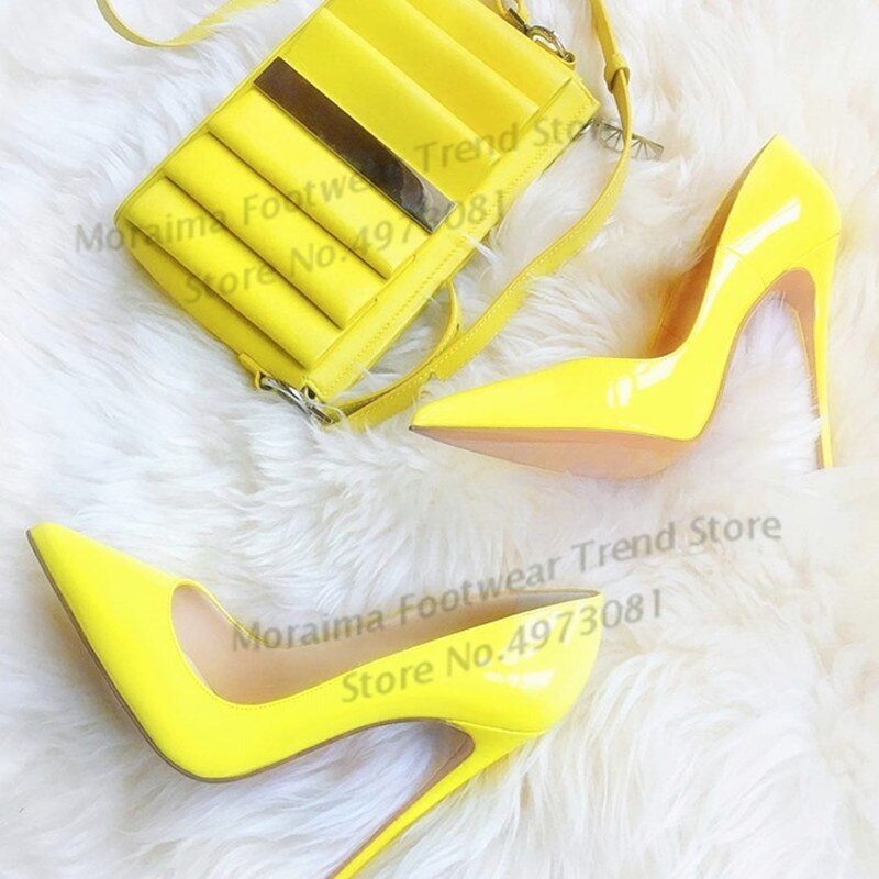 Moraima Snc Women Pumps Sexy Wedding Shoes Yellow patent Leather 12/10cm High Heels Women Sexy Heels Shoes Ladies Shoes Pink