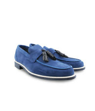 Moreschi Men's Blue Suede Tassel Loafers Shoes Calfskin Inserts Rubber Sole