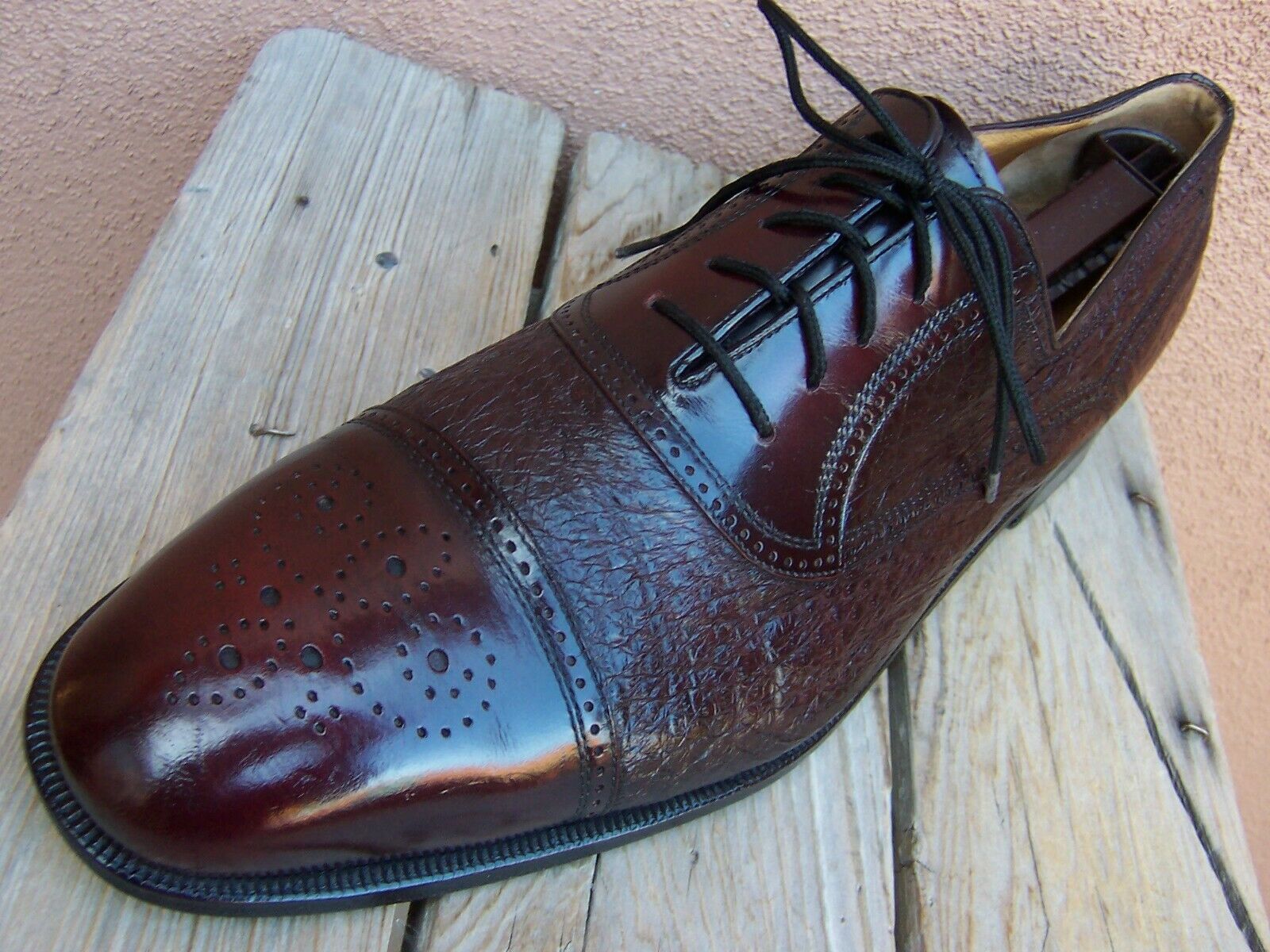 MORESCHI Mens Dress Shoes Soft Burgundy Peccary Leather Italian Oxfords Size 13M