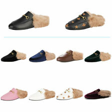 Mules for Women with Fur Leather Slip-on Loafer Backless Slingback Slipper Shoes