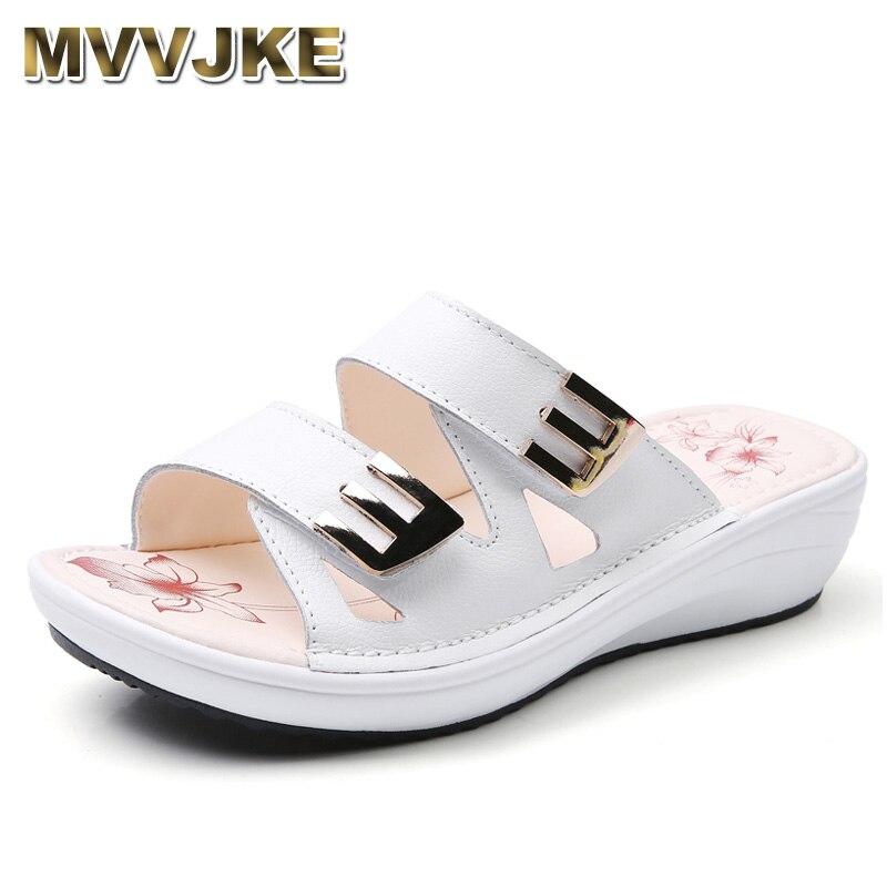 MVVJKE Split Leather Summer Shoes Women Sandals Wedges Women Beach Sandals Shoes Luxury With Buckle Ladies Slipper Heel High 4.5