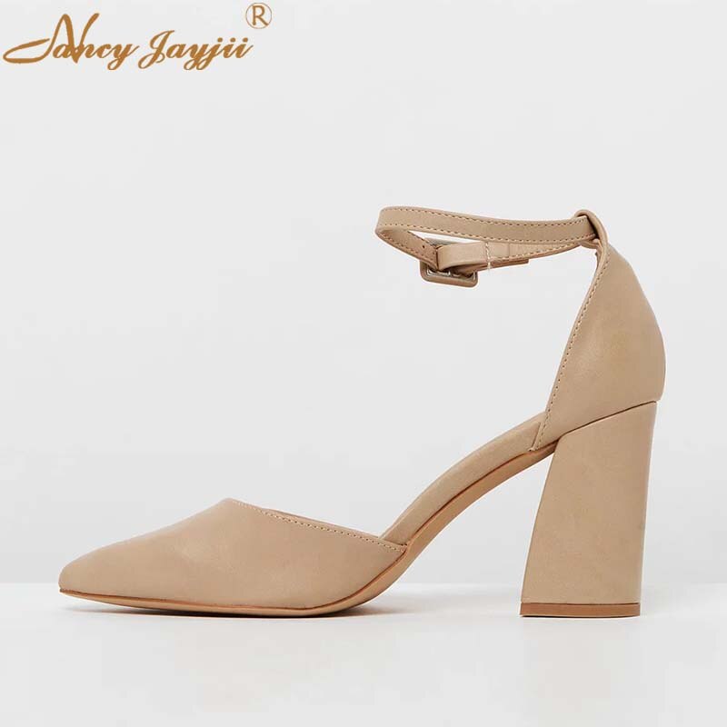Nancyjayjii Elegant Women Summer 2019 Tan Nude High Square Heels Dress Woman Casual Slender Ankle Strap Sandals Lady Shoes