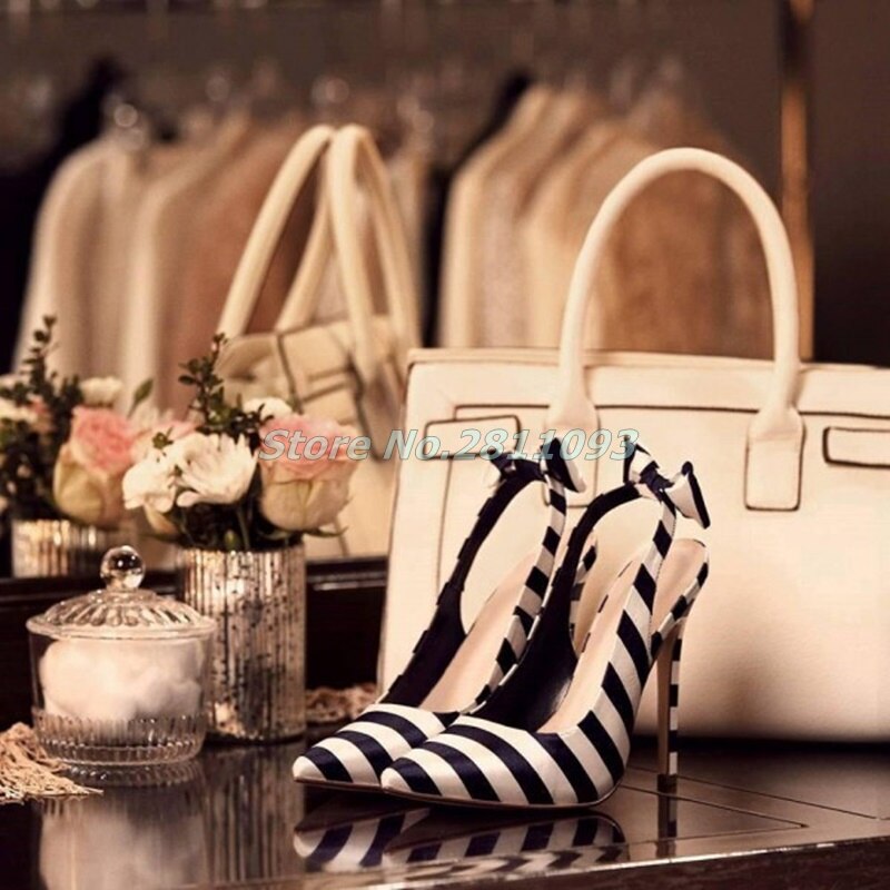 Navy and White Stripes Bow Heels Pointed Toe Slingback Pumps Shallow Slip On Open Heel Thin High Heel Dress Women Shoes
