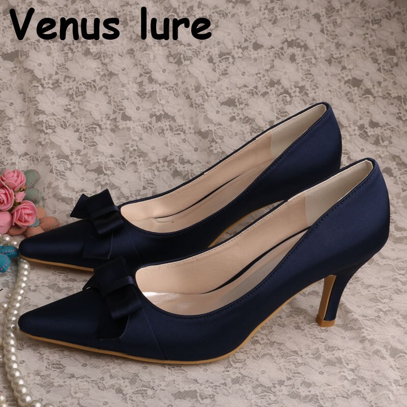 Navy Blue Bridesmaid Wedding Shoes Pointed Toe Mid Heel Ladies Wedding Shoes Size 5