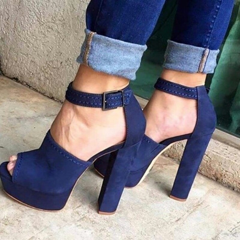 Navy Chunky Heels Platform Pumps Open Toe Buckle Strap Square Heels Sandals Cut-out Stretch Fabric Party Heels Shoes Customized