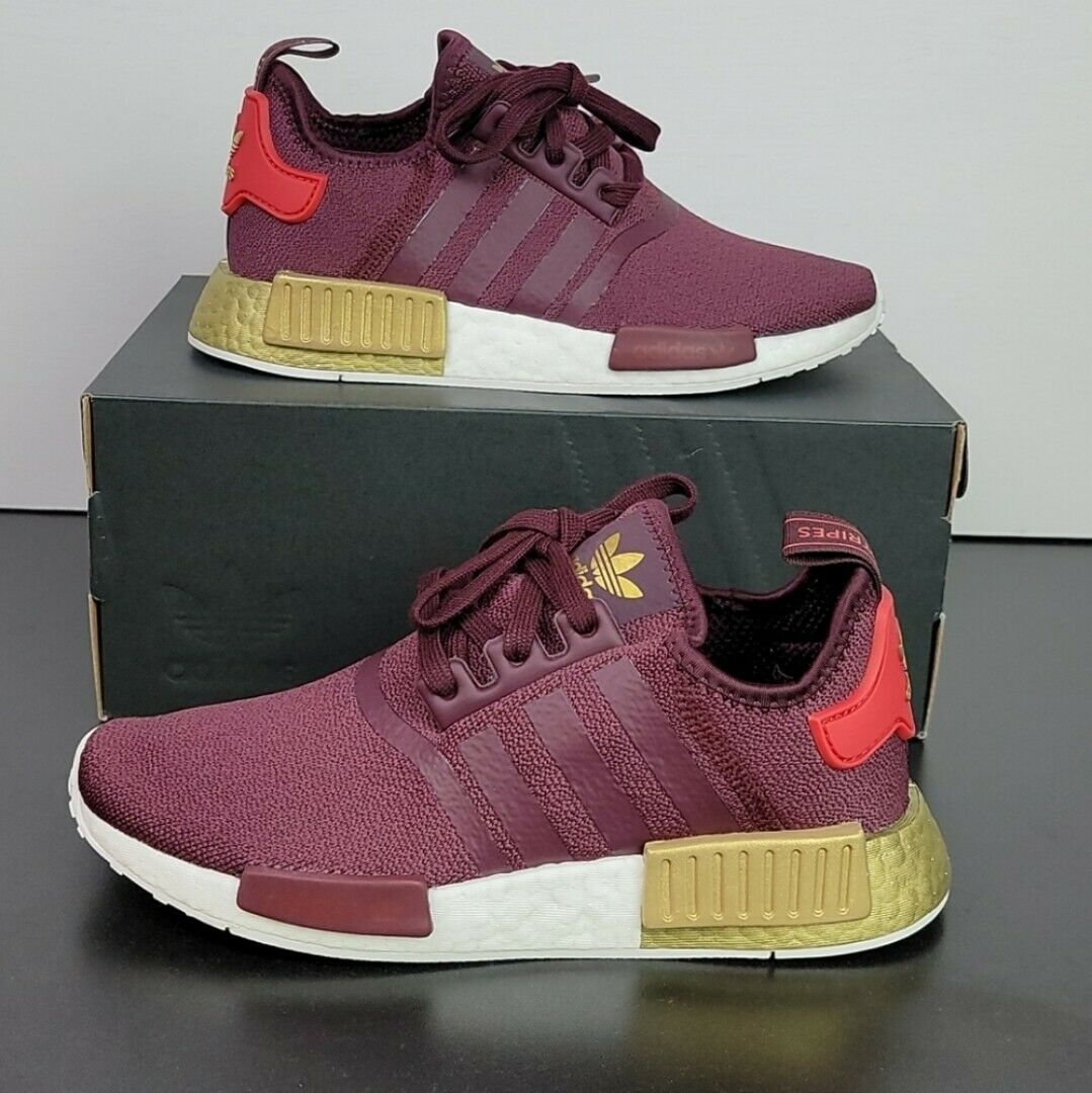 New Adidas Originals NMD R1 Boost Maroon Gold Red Running Shoes FY9390 Women's 7