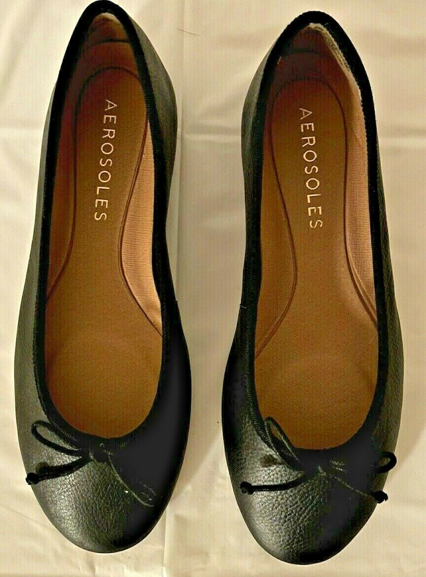 NEW AEROSOLES HOMERUN Black Leather Ballet Flat Shoes Size 6 1/2 Wide
