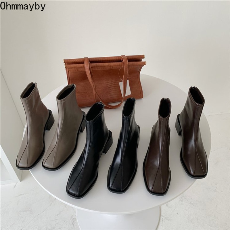 New Ankle Boots For Women Casual Zipper Square Heels Fashion Grey/Black/Brown Short Booties Autumn Winter 2021 Ladies Shoes
