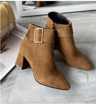 New Brand Women's Ankle Boots Spring Mid Square Heels 6.5 cm Platform For Ladies Buckle Strap Footwear Women's Solid Shoes Mujer