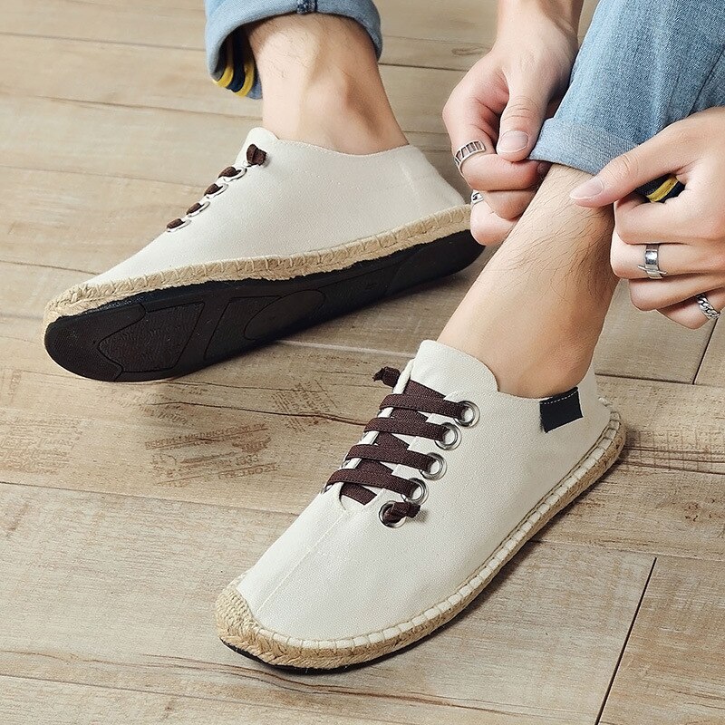 New Canvas Shoes Men Flat Casual Footwear Breathable Hemp Lazy Shoes Cool Young Man Shoes Cloth Footwear Black Blue
