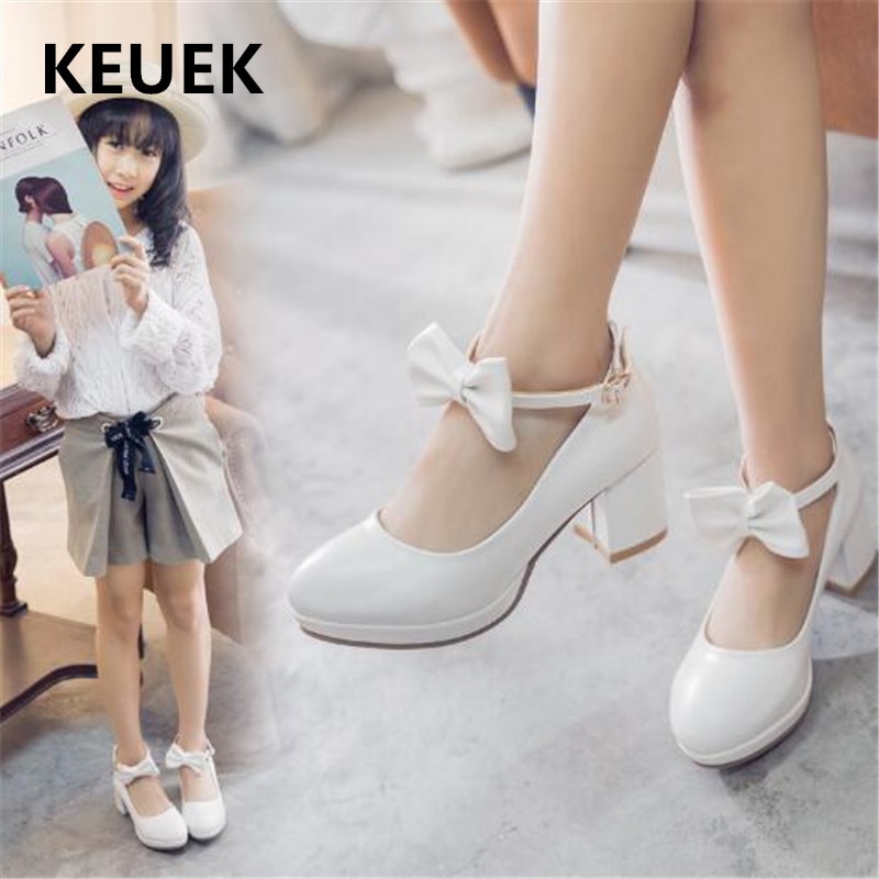New Chldren Bow High Heels Girls Princess White Pink Student Dress Shoes Kids Baby Moccaiins Leather Shoes Toddler 02C