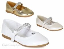 New Girls Gold White Shiny Ivory Dress Shoes Flats Rhinestones Wedding Kids