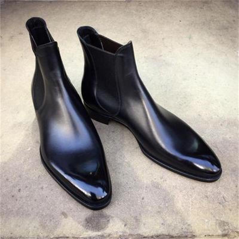 New Men Fashion Casual Business Dress Shoes Classic Handmade Black PU Polished Slip-on Round Toe Low-heeled Chelsea Boots 3KC546