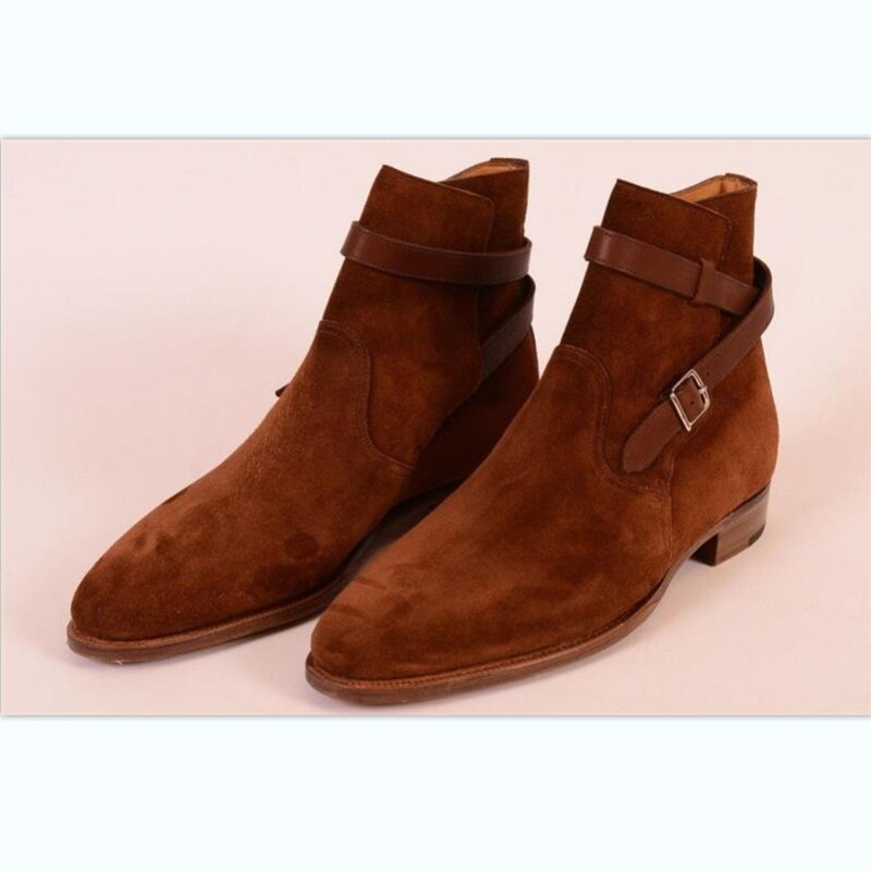 New Men Fashion Trend All-match Dress Shoes Handmade Dark Brown Suede Retro Belt Buckle Classic Gentleman Ankle Boots KG581