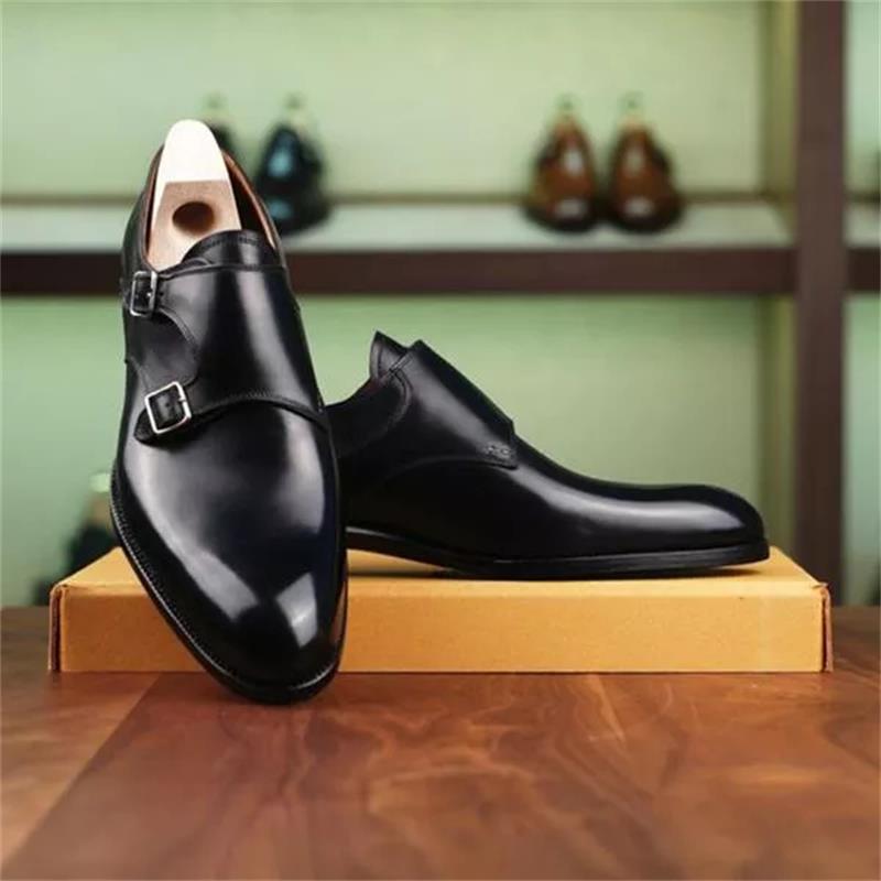 New Men Fashion Trend Business Casual Dress Shoes Handmade Black PU Polished Classic Round Head Double Buckle Monk Shoes 3KC568