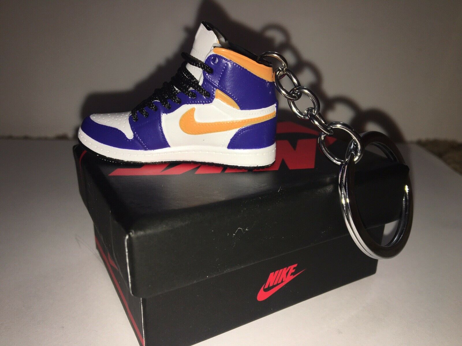New Mini 3D AIR JORDAN Nike sneaker shoes keychain With Box. Purple/gold
