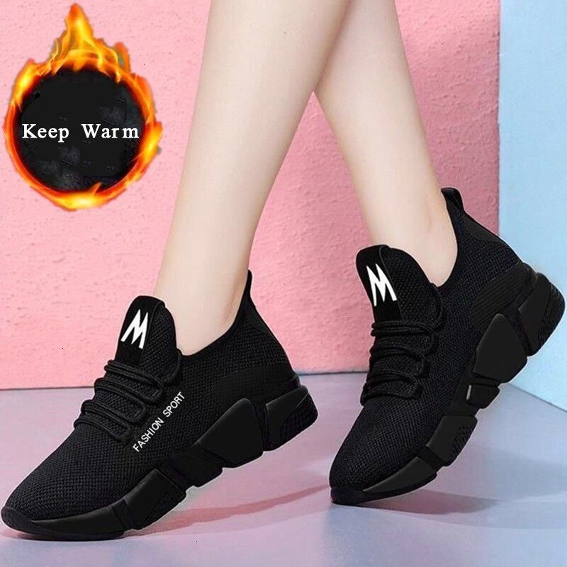 New Platform Sneakers Women Shoes Mesh Vulcanized Slip On Breathable Girl Running Shoes Ladies Casual Soft Plus Velvet Black