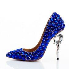 New Royal blue crystal pointed stiletto low top bride handmade high heels shoes