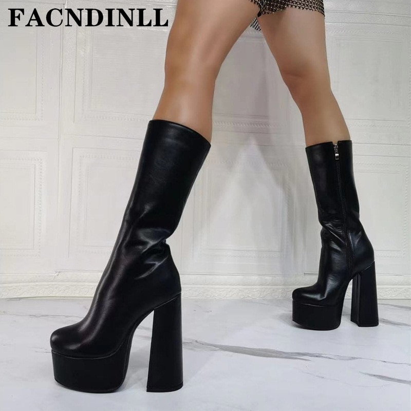 New Sexy Chunky Women Knee High Boots Shoes Fashion Thick High Heels Platform Black Zipper Dress Party Dance boots Plus Size 43