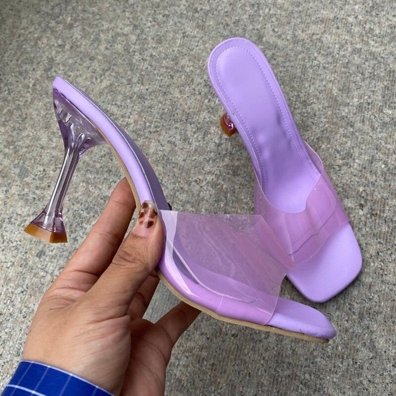 New Transparent PVC Women Mules Slippers High Heel Open Toe Sandals Flip Flops Sexy Square Toe Slides Woman Party Dress Shoes