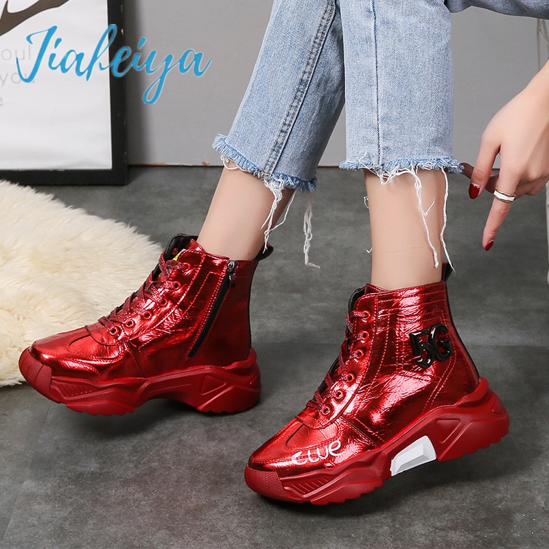New Women's Flat-bottom Lace-up High-top Sneakers Thick-soled Plus Velvet Casual Shiny Red Women's Shoes Women Sneakers Vans