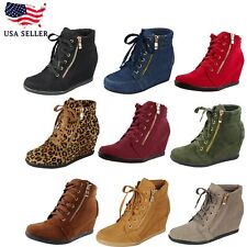 New Women's High Top Wedge Heel Sneakers Lace Up Tennis Shoes Ankle Bootie