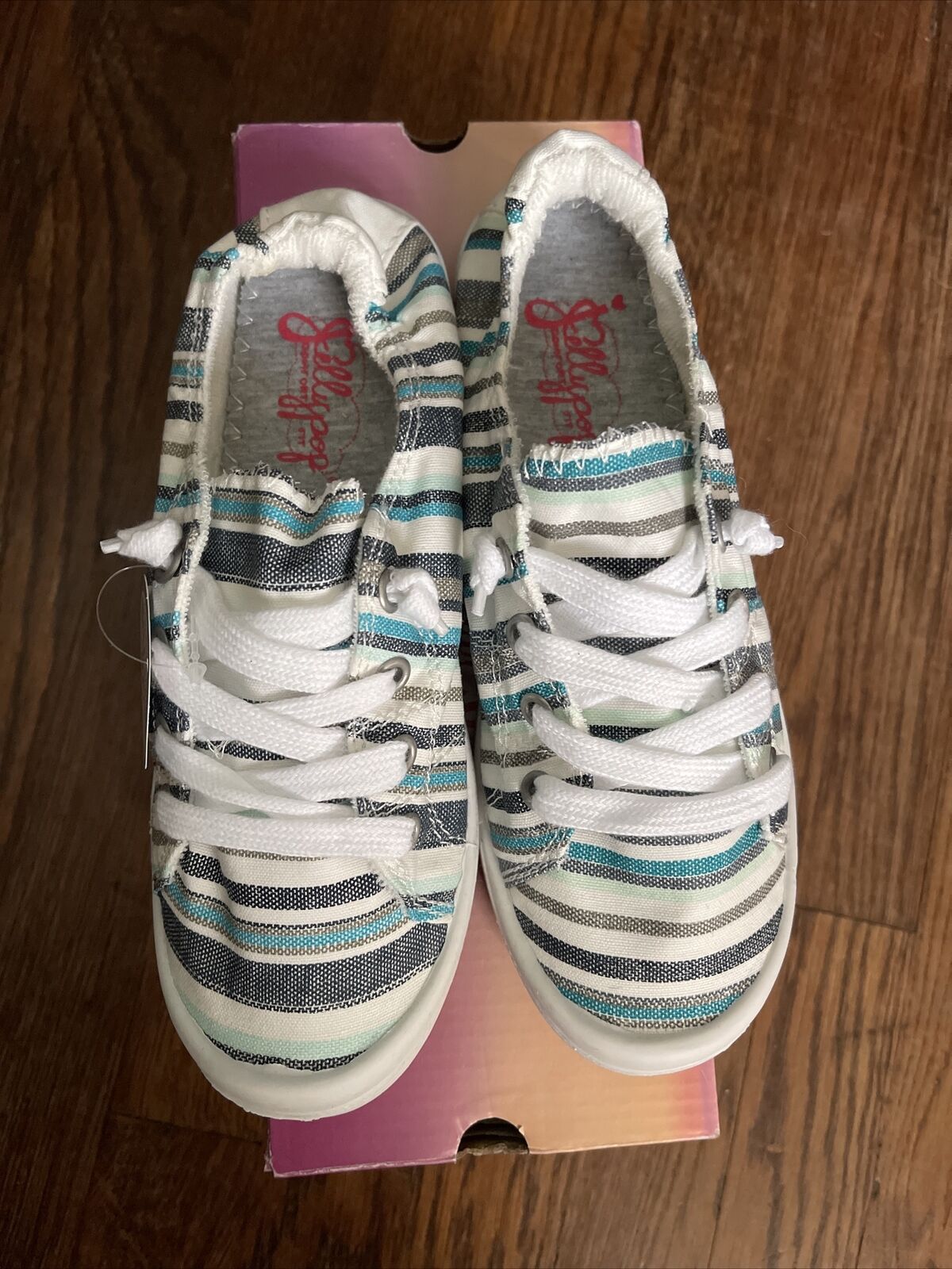 New Women’s Jelly Pop Sneaker Shoes Dallas Blue Multi Striped Fabric Shoes Sz 6