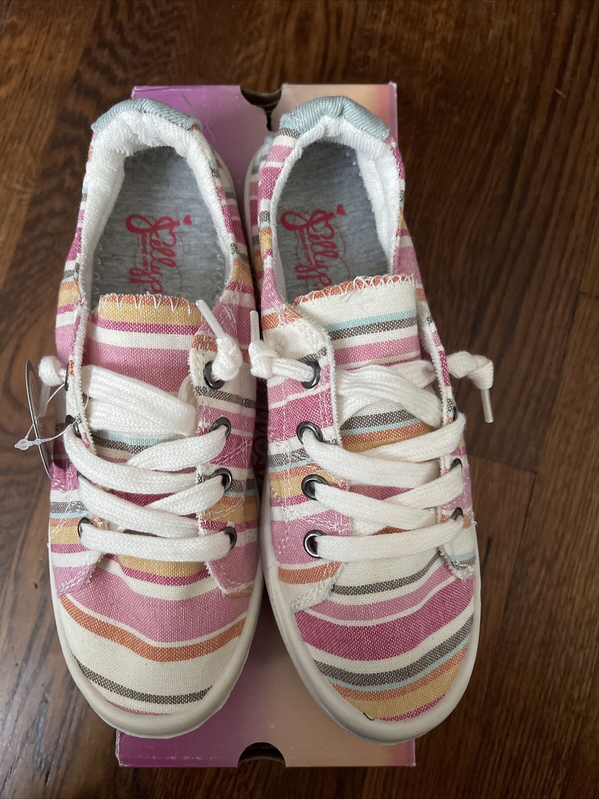 New Women’s Jelly Pop Sneaker Shoes Dallas Pink Multi Striped Fabric Shoes Sz 6