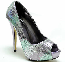 New women's shoes peep toe sequins evening stilettos high heel pewter formal