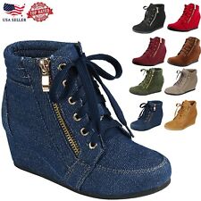 New Women's Sneakers High Top Faux Zipper Lace Up Wedge Heel Ankle Bootie Shoe