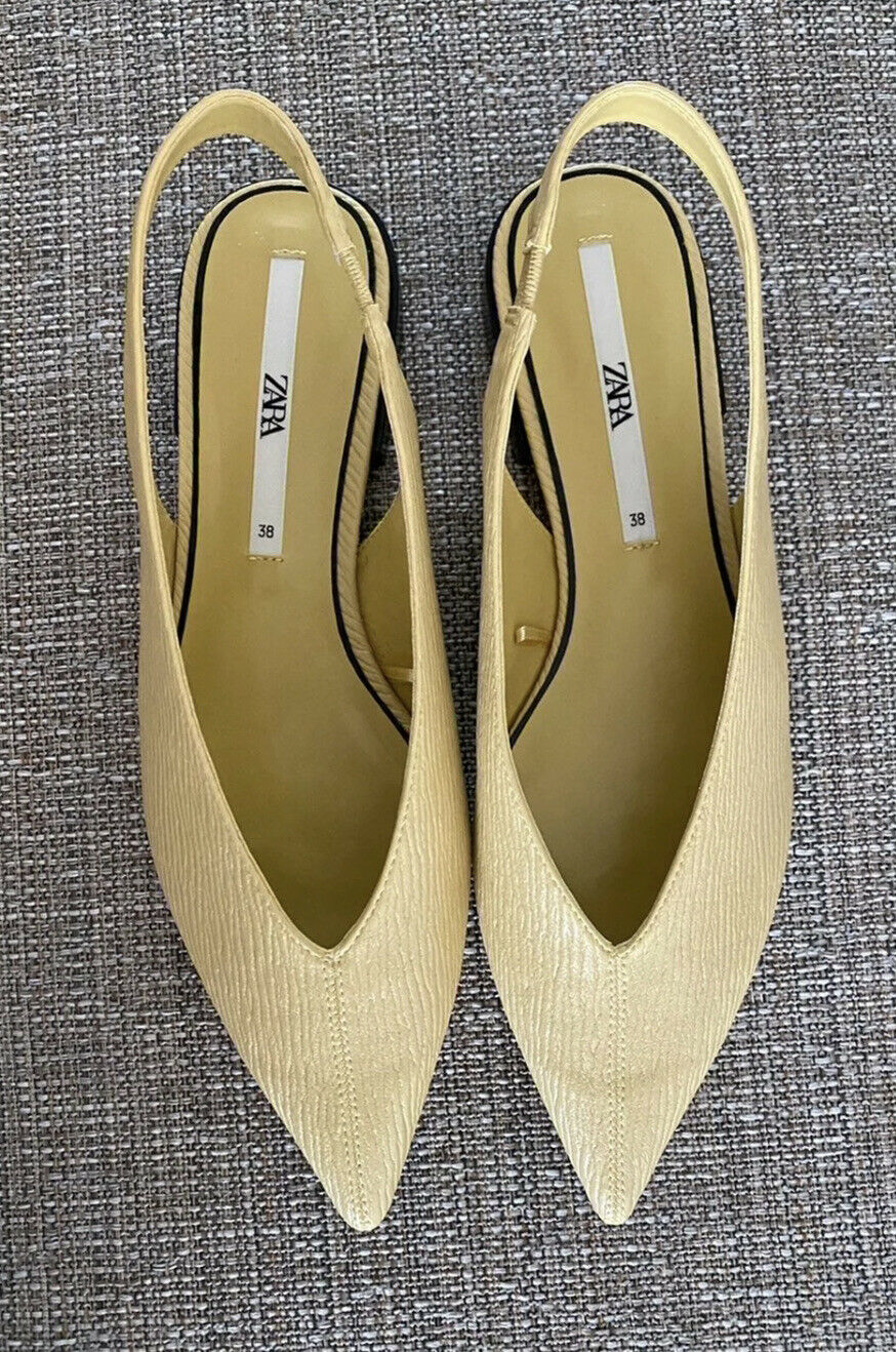 New ZARA LOW Heels Shoes Slip On Slingback Pointed Toes Yellow Color Size 8