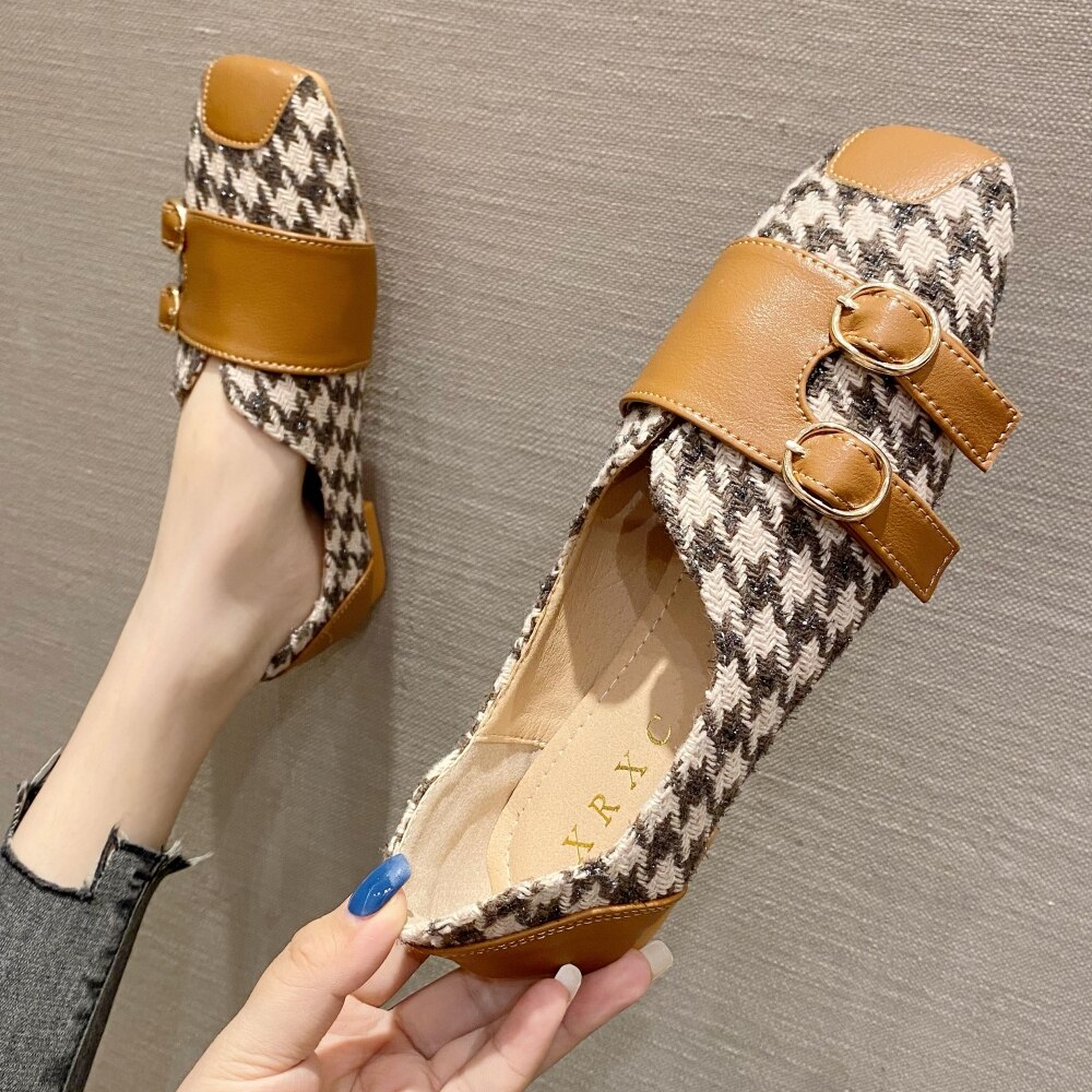 Newest Style Gingham Women's Flat Shoes 2021 Spring Autumn Mixed Colors Square Toe Woman Casual Loafers Ladies Single Shoes