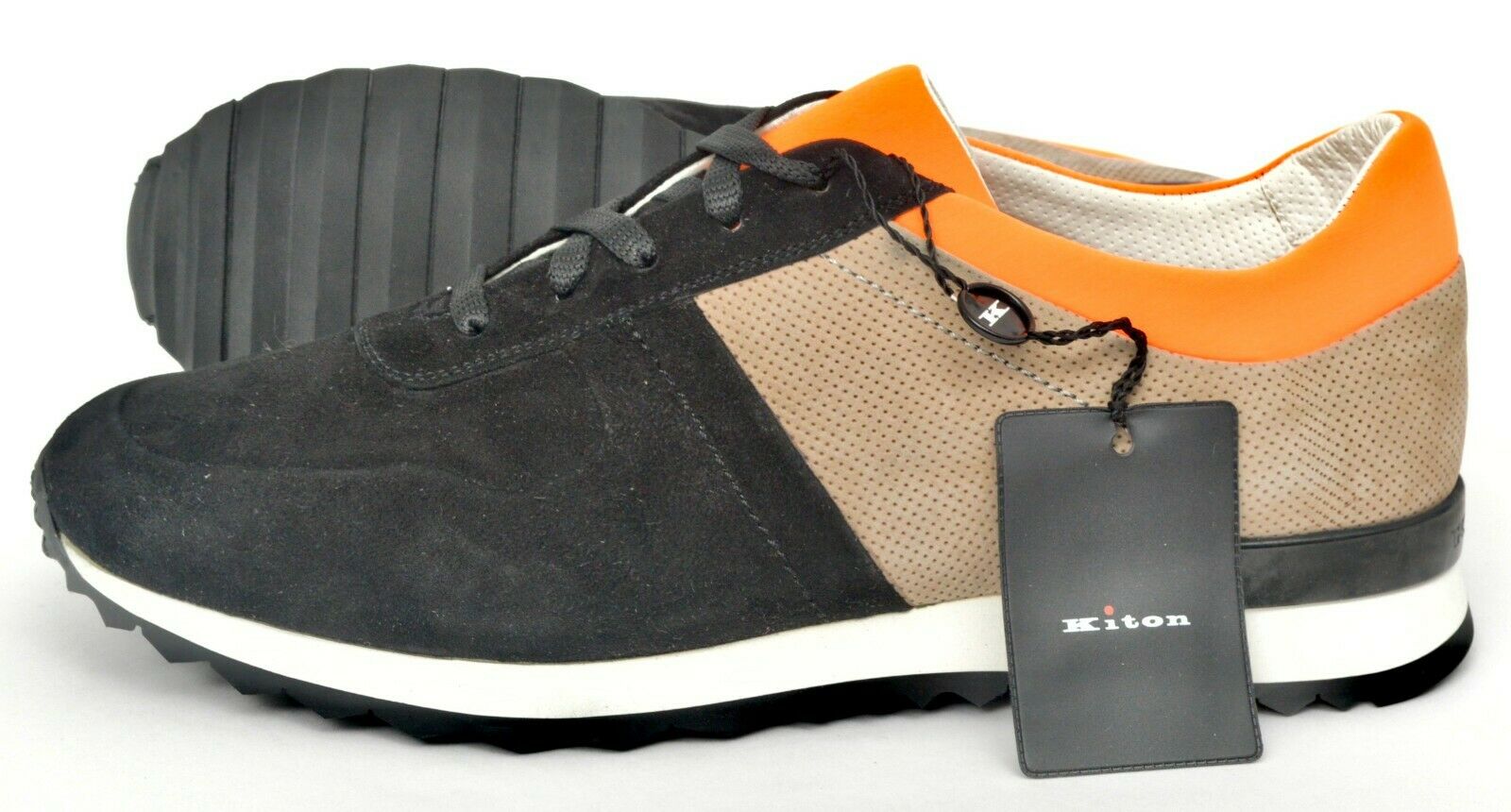 NIB $1190 KITON Fair Black Orange Suede & Leather Low Tops Sneakers Shoes 8 (41)