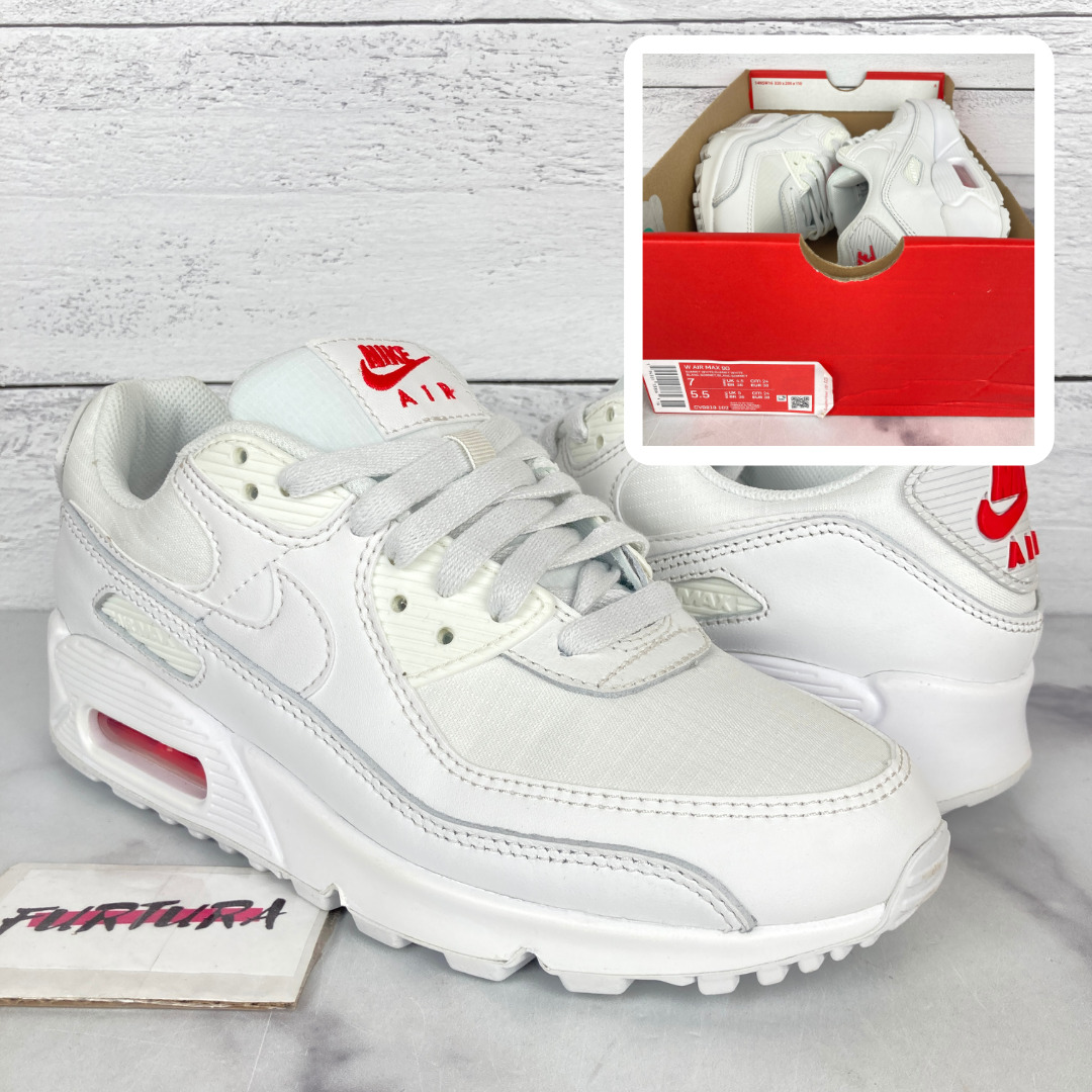 Nike Air Max 90 Women's Size 7 Shoes Summit White Red CV8819-102 No Lid