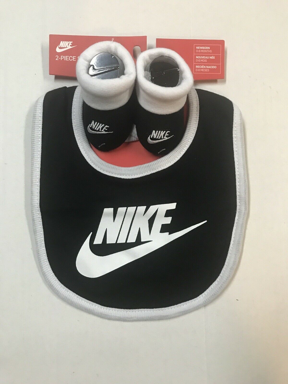 Nike Booties Socks Crib Shoes & Bib Gift 2 Pc Set Newborn Baby Boy Sz 0-6 Mo